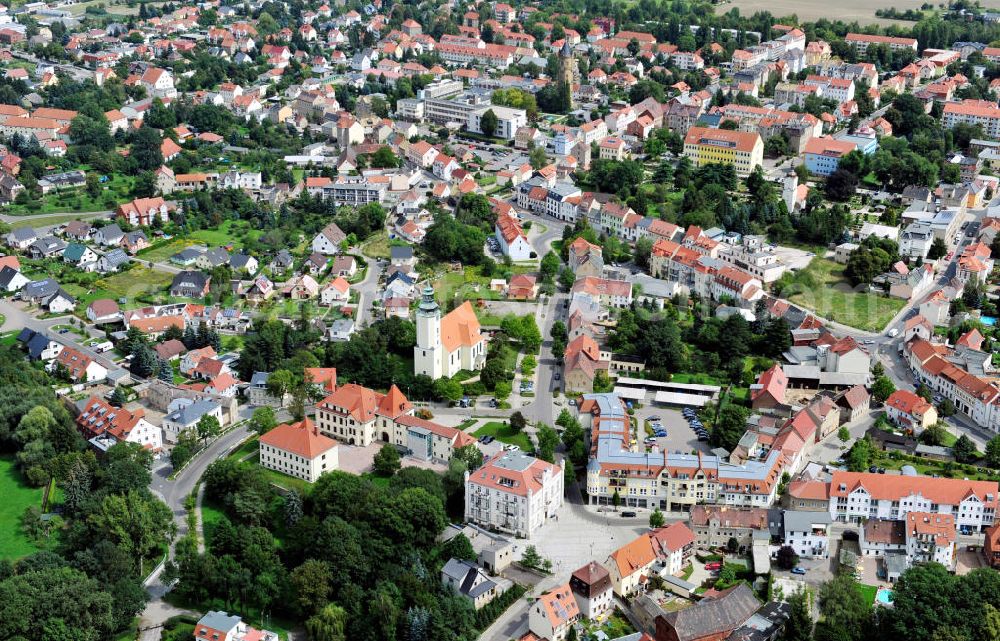 Zwenkau from the bird's eye view: Stadtansicht mit Stadtkirche und Rathaus mit Stadtverwaltung von Zwenkau in Sachsen. Cityscape with church and Townhall with municipality of Zwenkau in Saxony.