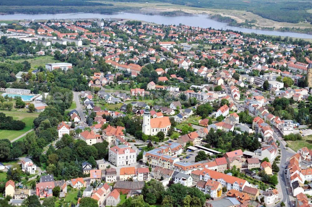 Zwenkau from the bird's eye view: Stadtansicht mit Stadtkirche und Rathaus mit Stadtverwaltung von Zwenkau in Sachsen. Cityscape with church and Townhall with municipality of Zwenkau in Saxony.