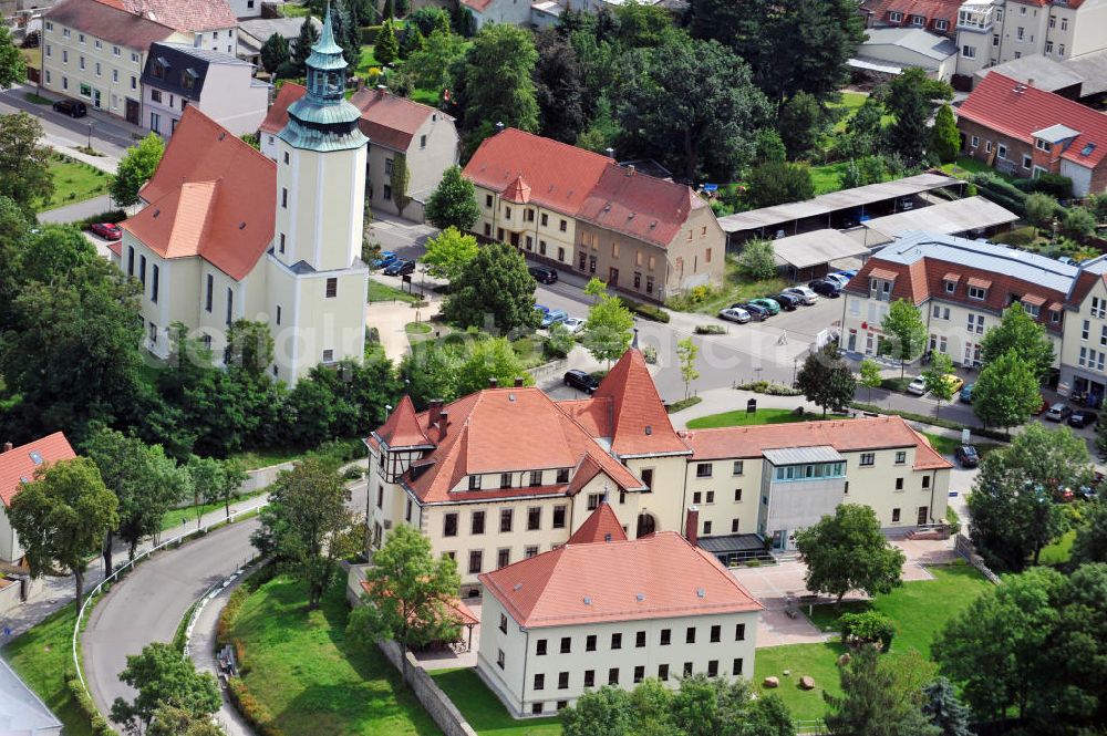 Zwenkau from the bird's eye view: Stadtansicht mit Stadtkirche und Stadtverwaltung von Zwenkau in Sachsen. Cityscape with church and municipality of Zwenkau in Saxony.