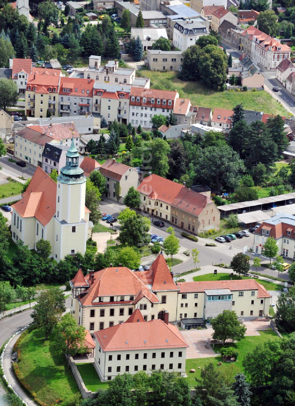 Aerial image Zwenkau - Stadtansicht mit Stadtkirche und Stadtverwaltung von Zwenkau in Sachsen. Cityscape with church and municipality of Zwenkau in Saxony.