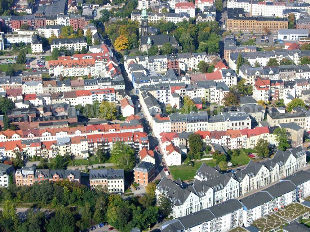 Aerial image Zwickau / Sachsen - Zwickau - mit einer Gesamtfläche von ca. 102,5 Quadratkilometer ist die viertgrößte, kreisfreie Stadt in Sachsen.Hier wohnen etwa 98 Tausend Menschen bei einer Bemessungsdichte von etwa 960 Einwohnern pro Quadratkilometer. Oberbürgermeister: Dietmar Vettermann, Telefon: (03 75) 83-0, Fax: (03 75) 83 83 83