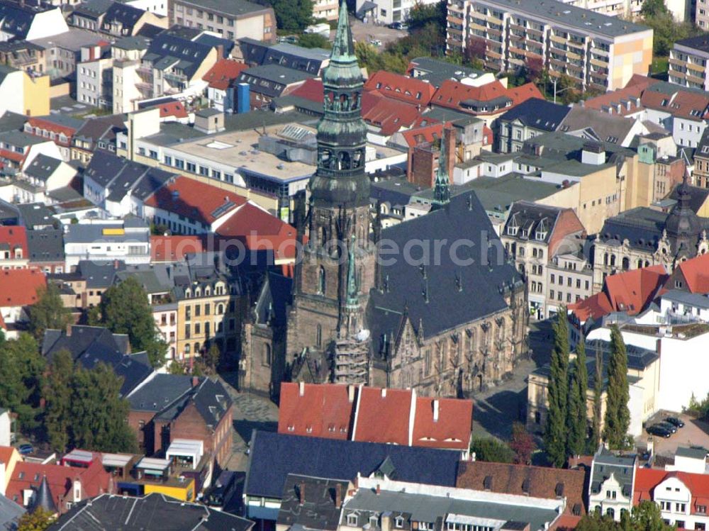 Aerial photograph Zwickau / Sachsen - Die Zwickauer Marienkirche (seit 1935 auch Dom St. Marien) ist eines der bedeutendsten Bauwerke obersächsischer Spätgotik, ein Baudenkmal von Rang. Ev.-luth. Dompfarramt, St. Marien Zwickau, Domhof 10, 08056 Zwickau oder Oberbürgermeister: Dietmar Vettermann, Telefon: (03 75) 83-0, Fax: (03 75) 83 83 83