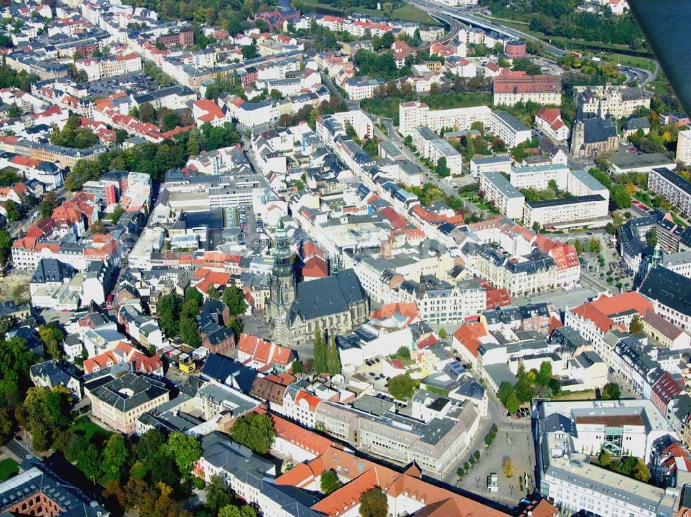 Zwickau / Sachsen from above - Die Zwickauer Marienkirche (seit 1935 auch Dom St. Marien) ist eines der bedeutendsten Bauwerke obersächsischer Spätgotik, ein Baudenkmal von Rang. Ev.-luth. Dompfarramt, St. Marien Zwickau, Domhof 10, 08056 Zwickau oder Oberbürgermeister: Dietmar Vettermann, Telefon: (03 75) 83-0, Fax: (03 75) 83 83 83