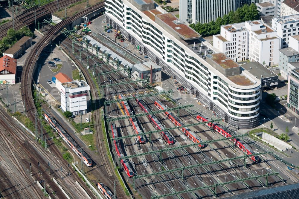 Frankfurt am Main from the bird's eye view: S-Bahn railway station and sidings of S-Bahn Rhein-Main on Adam-Riese-Strasse in Frankfurt in the state Hesse, Germany