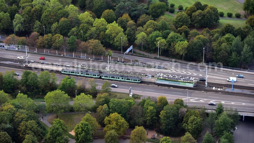 Aerial image Bonn - Light rail stop Rheinaue in Bonn in the state North Rhine-Westphalia, Germany