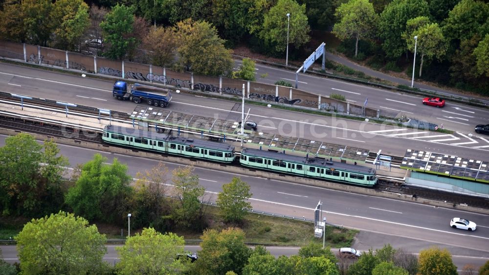 Bonn from above - Light rail stop Rheinaue in Bonn in the state North Rhine-Westphalia, Germany