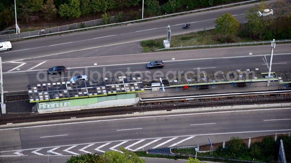 Bonn from above - Light rail stop Rheinaue in Bonn in the state North Rhine-Westphalia, Germany