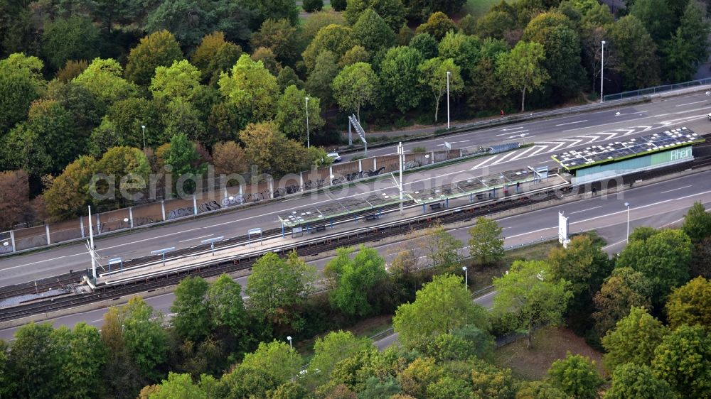 Bonn from the bird's eye view: Light rail stop Rheinaue in Bonn in the state North Rhine-Westphalia, Germany