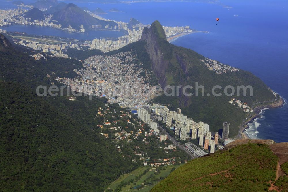 Rio de Janeiro from the bird's eye view: City area at the mountain range of Mount Morro Dois Irmaos in Rio de Janeiro in Brazil