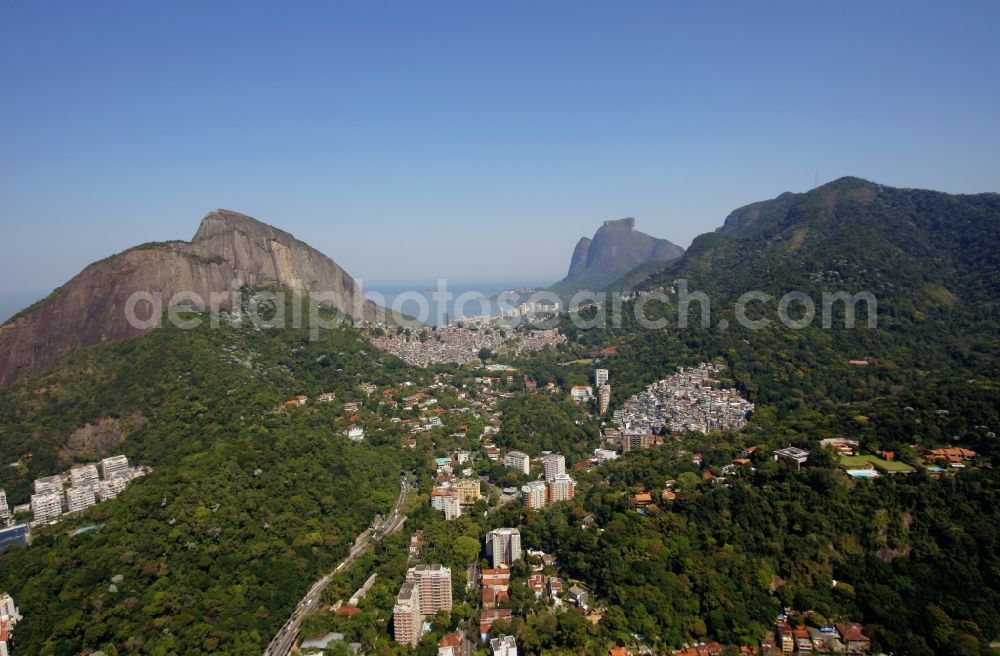 Aerial image Rio de Janeiro - City area at the mountain range of Mount Morro Dois Irmaos in Rio de Janeiro in Brazil