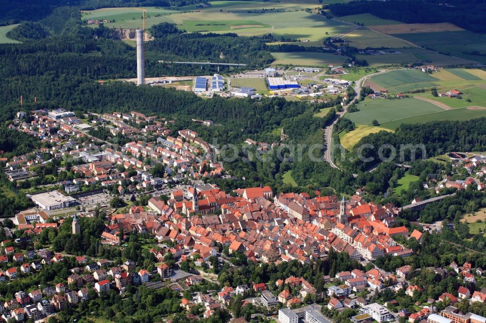 Aerial image Rottweil - City area and historic old town of Rottweil with the new construction of the ThyssenKrupp Elevator Testing Tower in Rottweil in Baden - Wuerttemberg