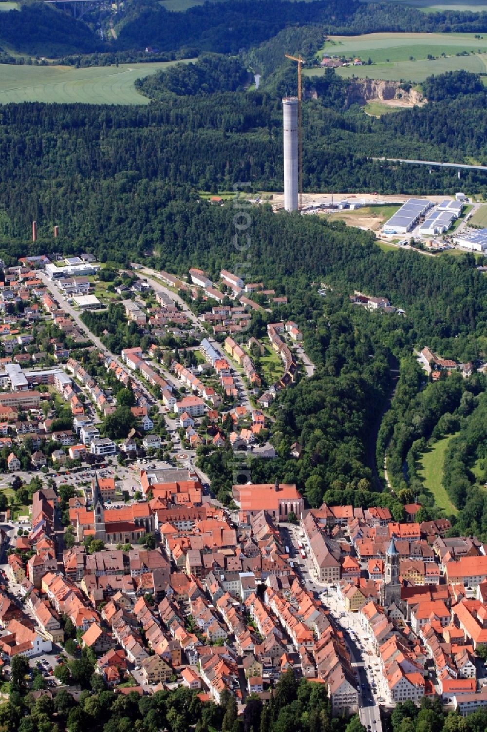 Aerial photograph Rottweil - City area and historic old town of Rottweil with the new construction of the ThyssenKrupp Elevator Testing Tower in Rottweil in Baden - Wuerttemberg