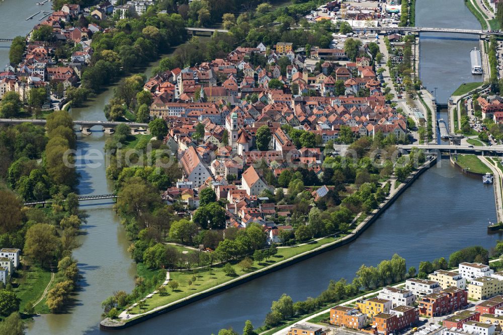 Regensburg from above - The district Stadtamhof in Regensburg in the state Bavaria, Germany