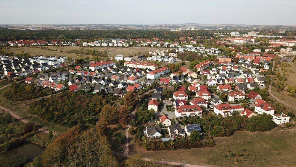 Halle (Saale) from above - View of the district Heide-Sued with the housing estate and their homes in Halle (Saale) in the state of Saxony-Anhalt