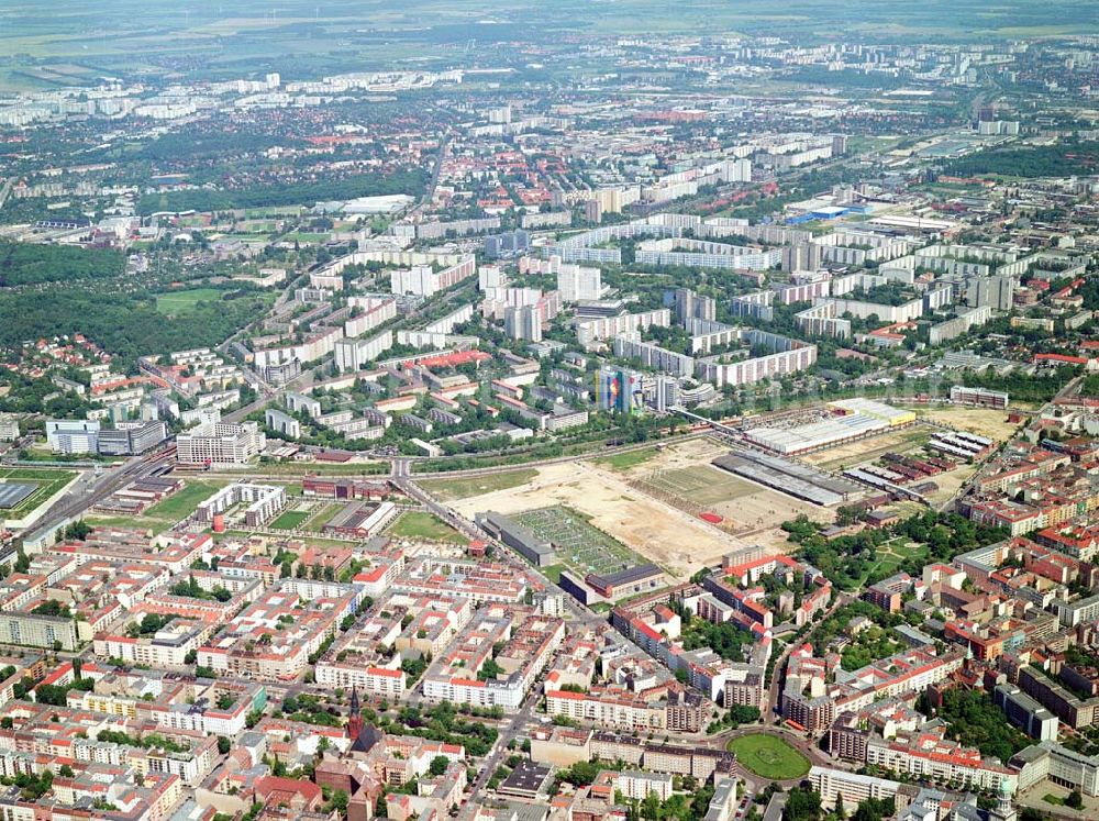 Aerial photograph Berlin-Friedrichshain - Stadtentwicklungsgebiet Eldenaer Straße/ Landsberger Allee in Berlin-Friedrichshain (Gelände der Alten Schlachthöfe)- ein Projekt der SES Stadtentwicklungsgebiet Eldenaer Straße mbH, Thaerstraße 30/31 in 10249 Berlin, Tel.: 030 42846133.