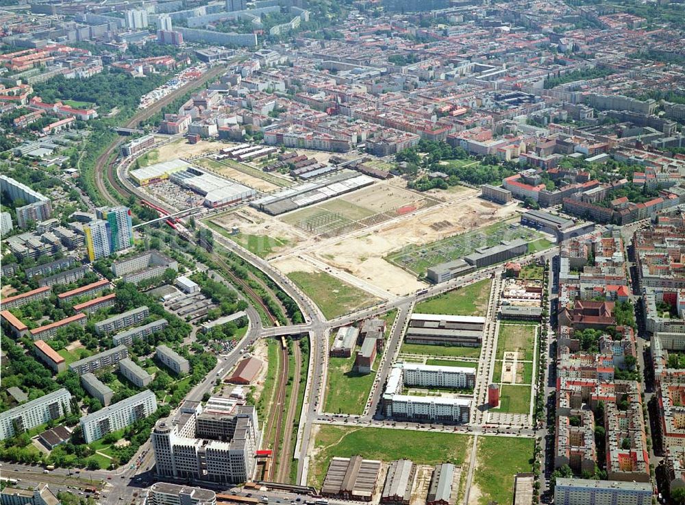 Aerial photograph Berlin-Friedrichshain - Stadtentwicklungsgebiet Eldenaer Straße/ Landsberger Allee in Berlin-Friedrichshain (Gelände der Alten Schlachthöfe)- ein Projekt der SES Stadtentwicklungsgebiet Eldenaer Straße mbH, Thaerstraße 30/31 in 10249 Berlin, Tel.: 030 42846133.