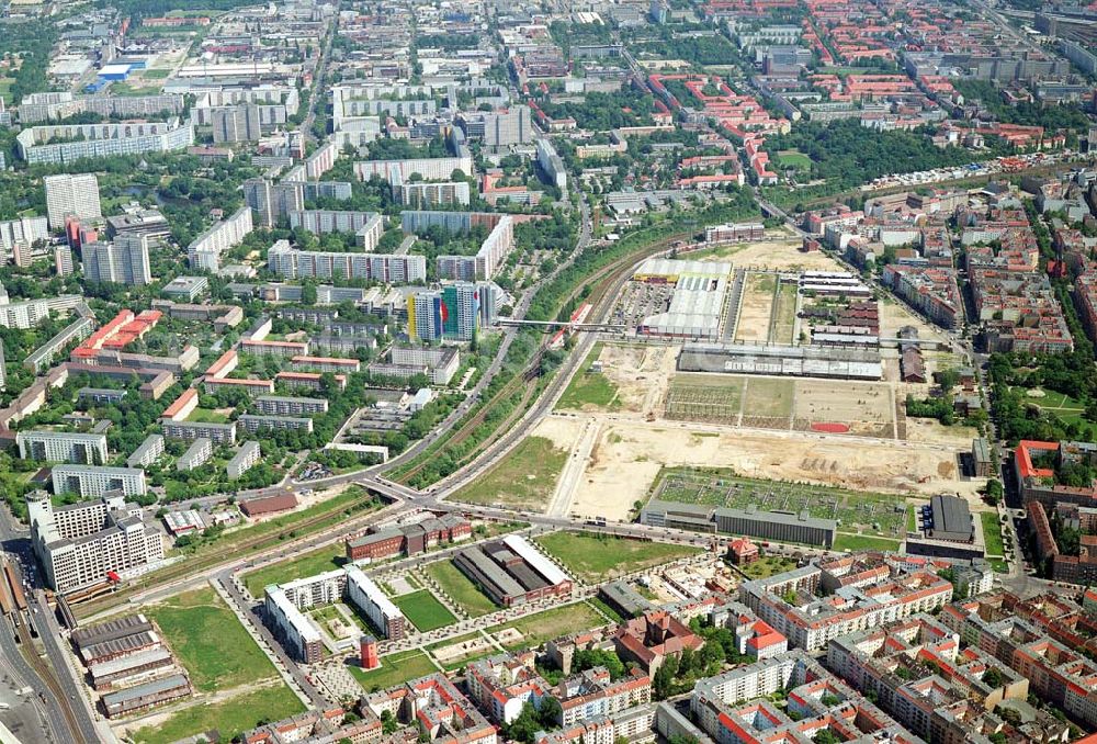 Aerial image Berlin-Friedrichshain - Stadtentwicklungsgebiet Eldenaer Straße/ Landsberger Allee in Berlin-Friedrichshain (Gelände der Alten Schlachthöfe)- ein Projekt der SES Stadtentwicklungsgebiet Eldenaer Straße mbH, Thaerstraße 30/31 in 10249 Berlin, Tel.: 030 42846133.