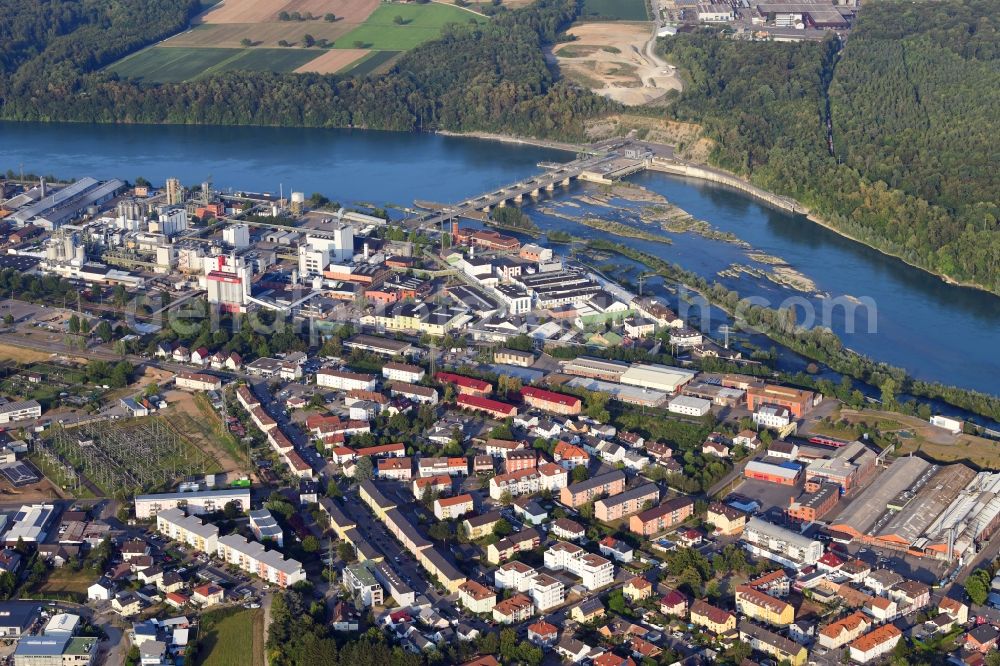 Rheinfelden (Baden) from above - City area with outside districts, industrial areas with Evonik, Rheinfelden Alloys and hydro power plant of Energiedienst at the river Rhine in Rheinfelden (Baden) in the state Baden-Wurttemberg, Germany