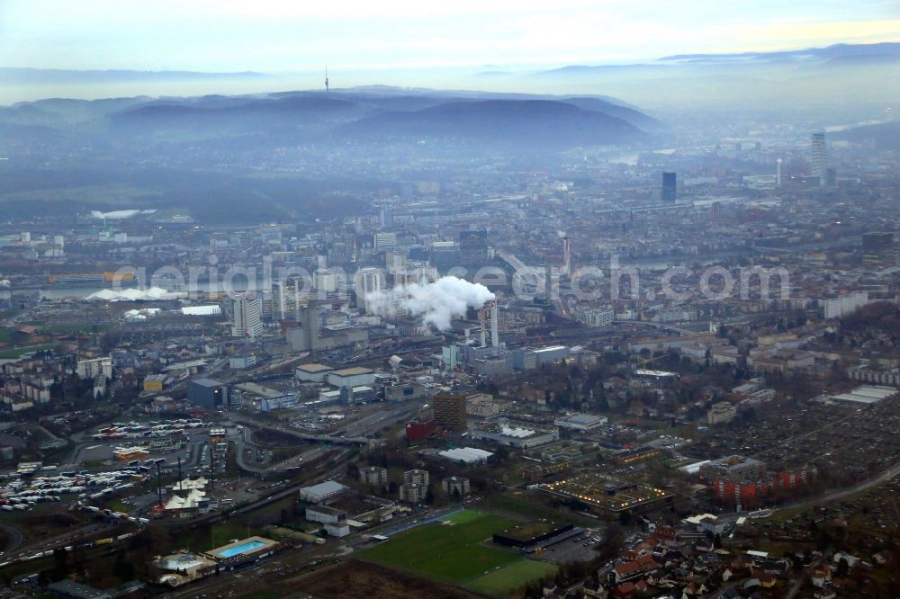 Basel from above - City area with outside districts and inner city area in Basel, Switzerland