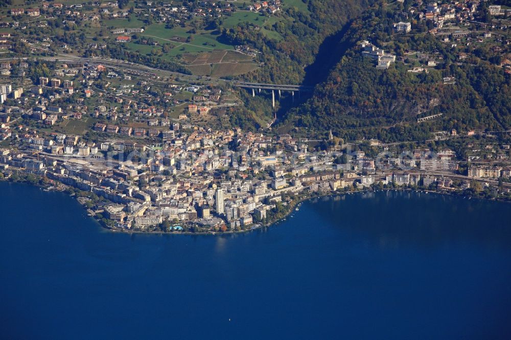 Montreux from the bird's eye view: City area with outside districts and inner city area in Montreux in the canton Vaud, Switzerland. Situated at Lake Geneva, the tourism city has well known Promenade