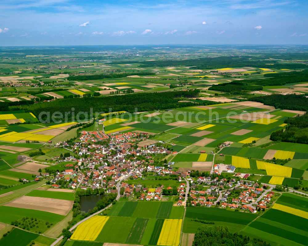 Aerial image Attenweiler - Urban area with outskirts and inner city area on the edge of agricultural fields and arable land in Attenweiler in the state Baden-Wuerttemberg, Germany