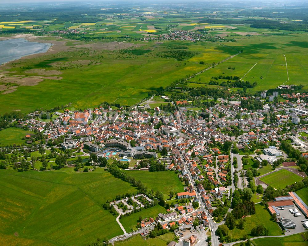 Aerial image Bad Buchau - Urban area with outskirts and inner city area on the edge of agricultural fields and arable land in Bad Buchau in the state Baden-Wuerttemberg, Germany