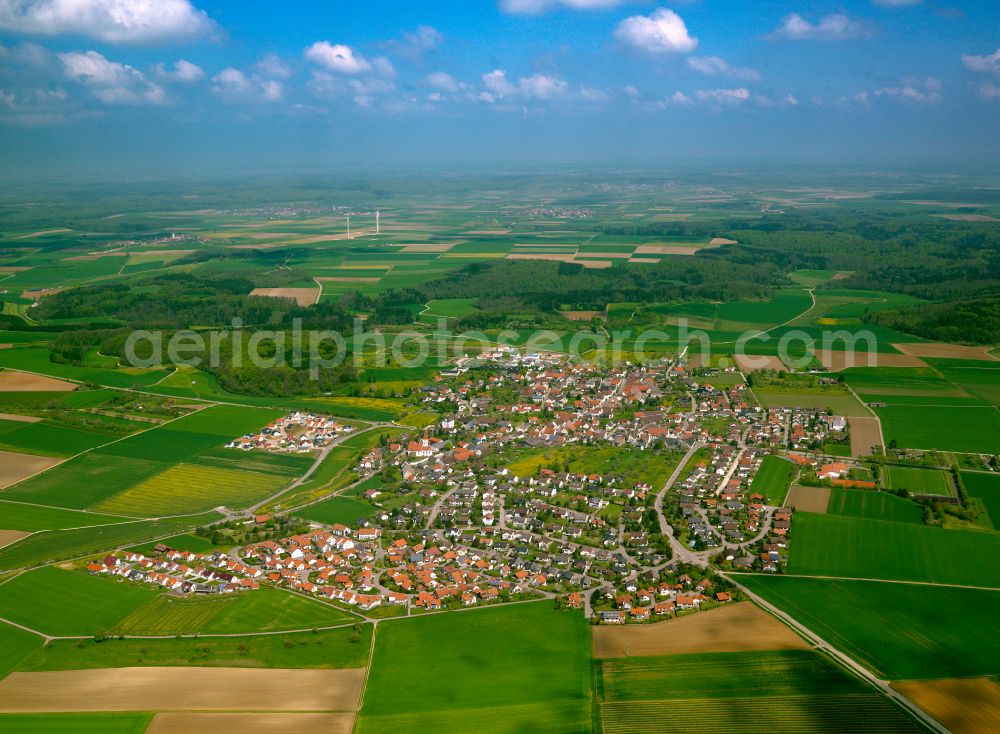 Aerial image Bernstadt - Urban area with outskirts and inner city area on the edge of agricultural fields and arable land in Bernstadt in the state Baden-Wuerttemberg, Germany