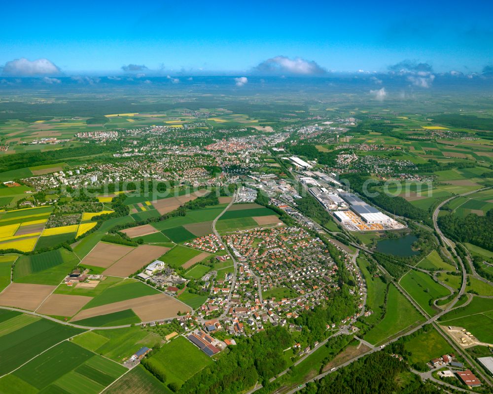 Aerial photograph Biberach an der Riß - Urban area with outskirts and inner city area on the edge of agricultural fields and arable land in Biberach an der Riß in the state Baden-Wuerttemberg, Germany