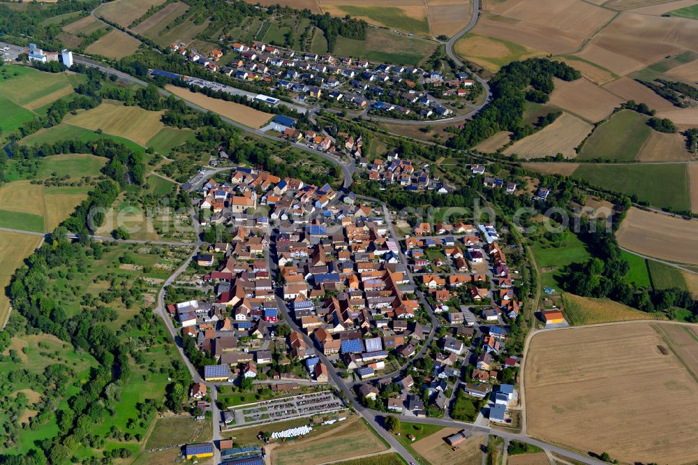 Bieberehren from above - Urban area with outskirts and inner city area on the edge of agricultural fields and arable land in Bieberehren in the state Bavaria, Germany