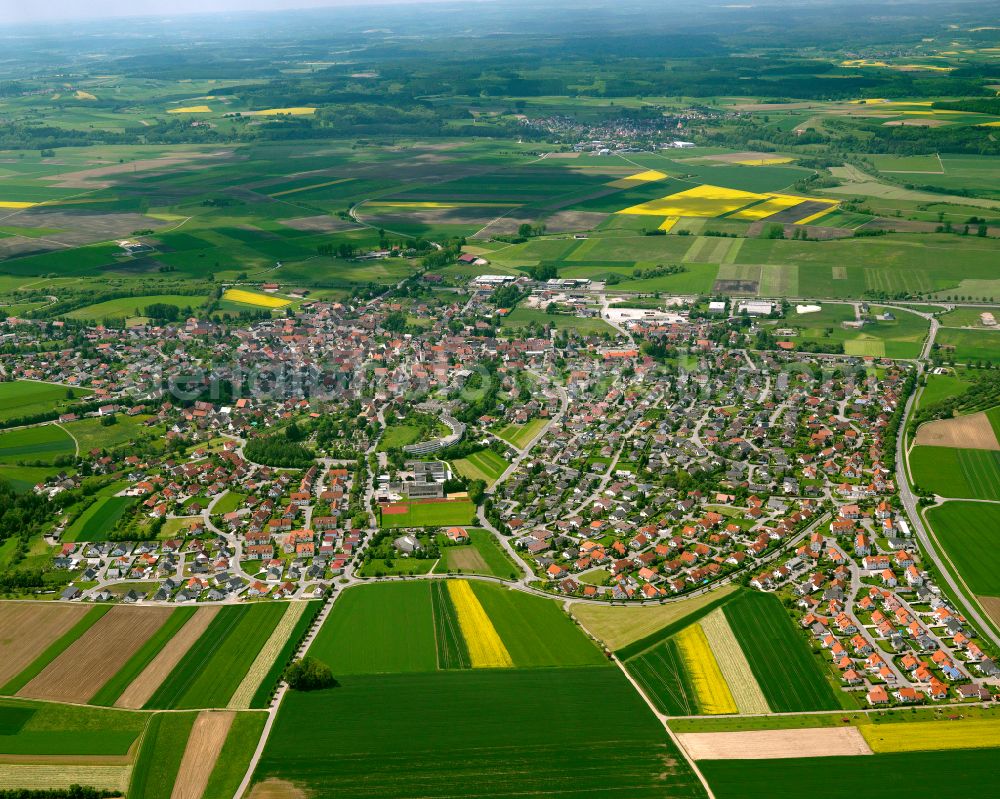 Aerial image Binzwangen - Urban area with outskirts and inner city area on the edge of agricultural fields and arable land in Binzwangen in the state Baden-Wuerttemberg, Germany