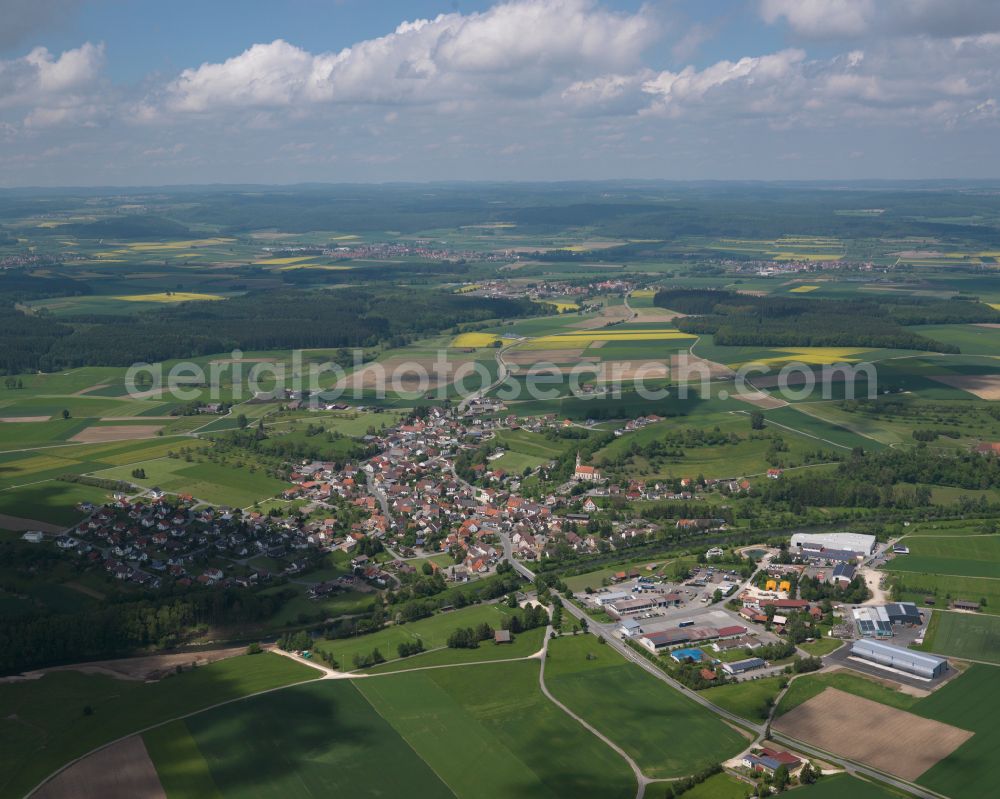 Binzwangen from above - Urban area with outskirts and inner city area on the edge of agricultural fields and arable land in Binzwangen in the state Baden-Wuerttemberg, Germany