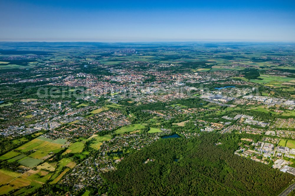 Braunschweig from above - Urban area with outskirts and inner city area on the edge of agricultural fields and arable land in Brunswick in the state Lower Saxony, Germany