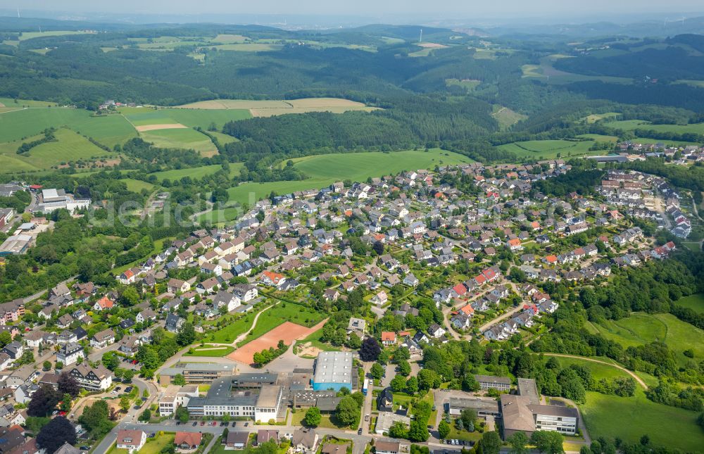 Breckerfeld from above - Urban area with outskirts and inner city area on the edge of agricultural fields and arable land in Breckerfeld in the state North Rhine-Westphalia, Germany