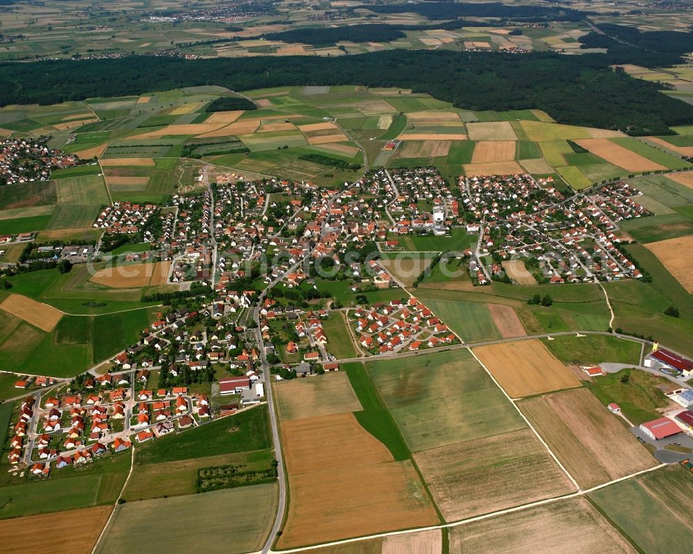 Aerial photograph Burgoberbach - Urban area with outskirts and inner city area on the edge of agricultural fields and arable land in Burgoberbach in the state Bavaria, Germany