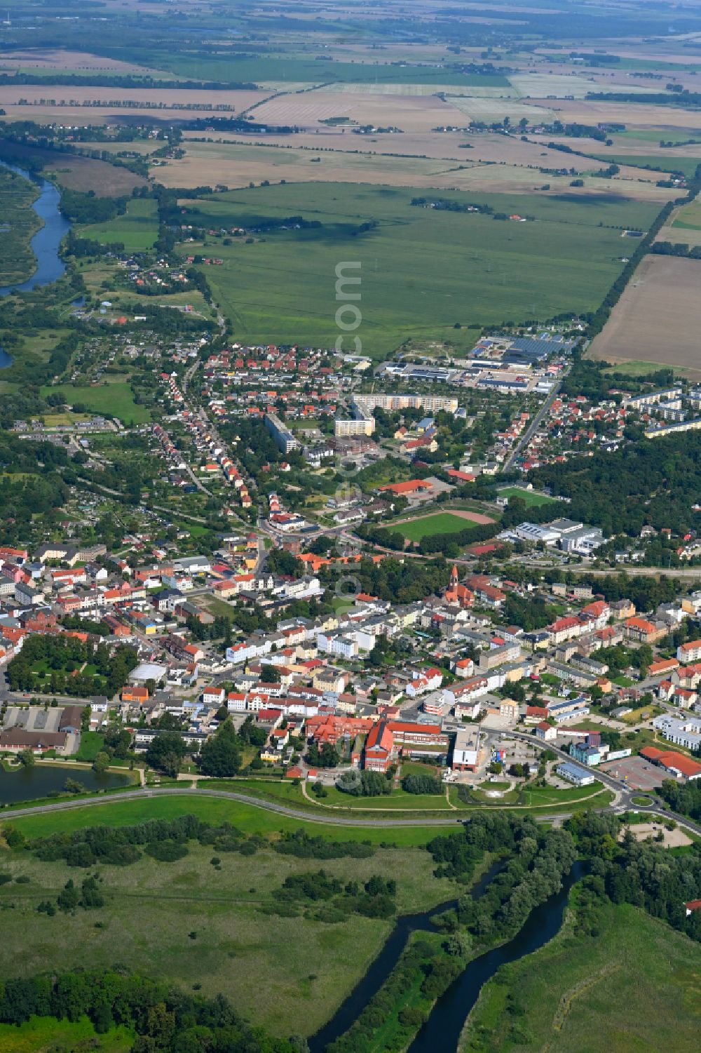 Demmin from the bird's eye view: Urban area with outskirts and inner city area on the edge of agricultural fields and arable land in Demmin in the state Mecklenburg - Western Pomerania, Germany