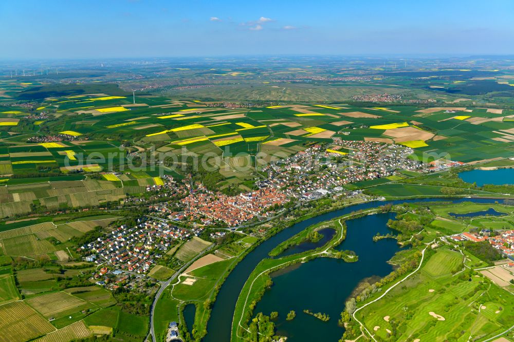 Dettelbach from above - Urban area with outskirts and inner city area on the edge of agricultural fields and arable land in Dettelbach in the state Bavaria, Germany