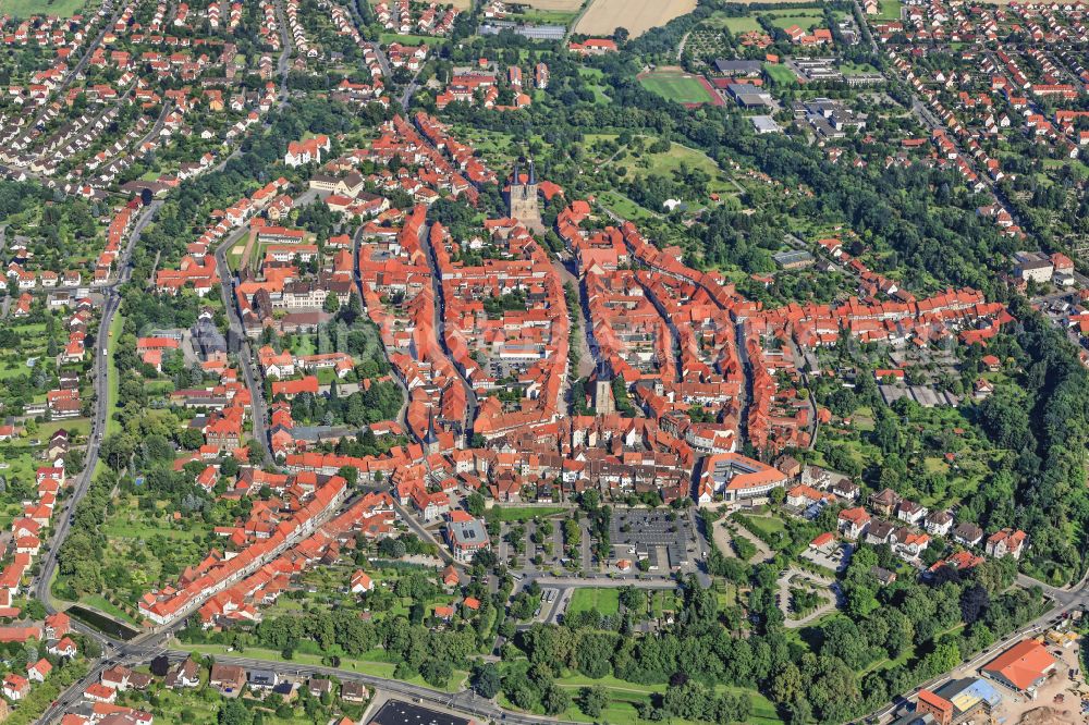 Aerial photograph Duderstadt - Urban area with outskirts and inner city area on the edge of agricultural fields and arable land in Duderstadt in the state Lower Saxony, Germany