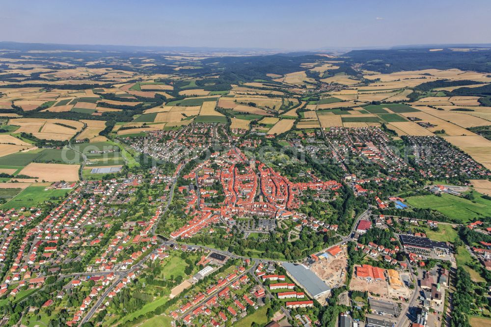 Duderstadt from above - Urban area with outskirts and inner city area on the edge of agricultural fields and arable land in Duderstadt in the state Lower Saxony, Germany