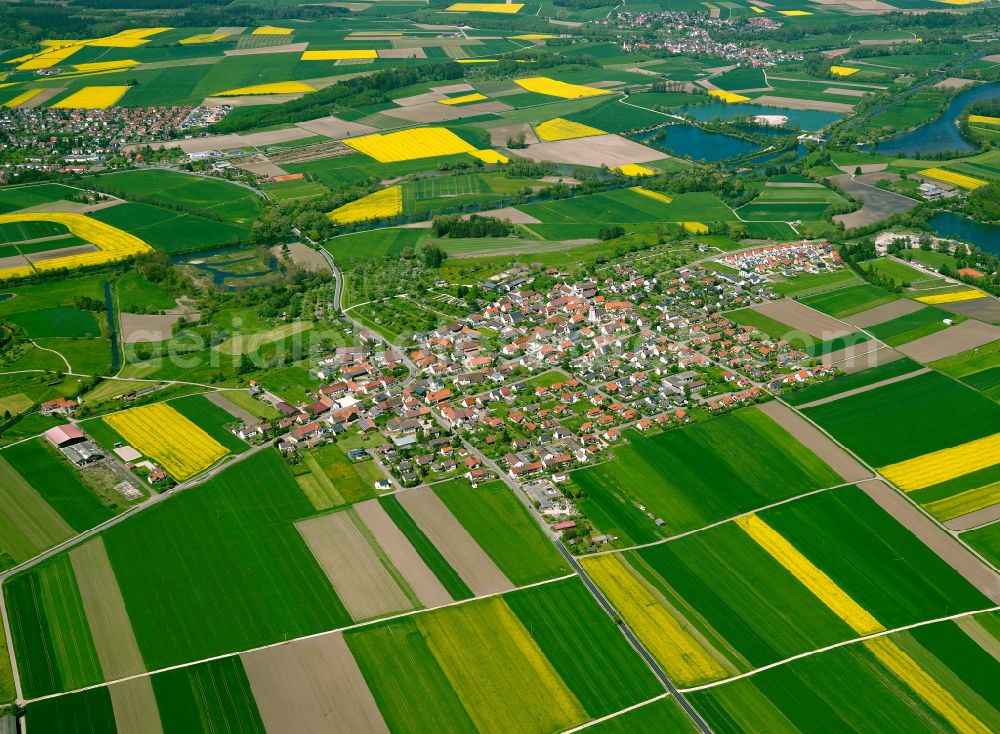 Aerial image Erbach - Urban area with outskirts and inner city area on the edge of agricultural fields and arable land in Erbach in the state Baden-Wuerttemberg, Germany