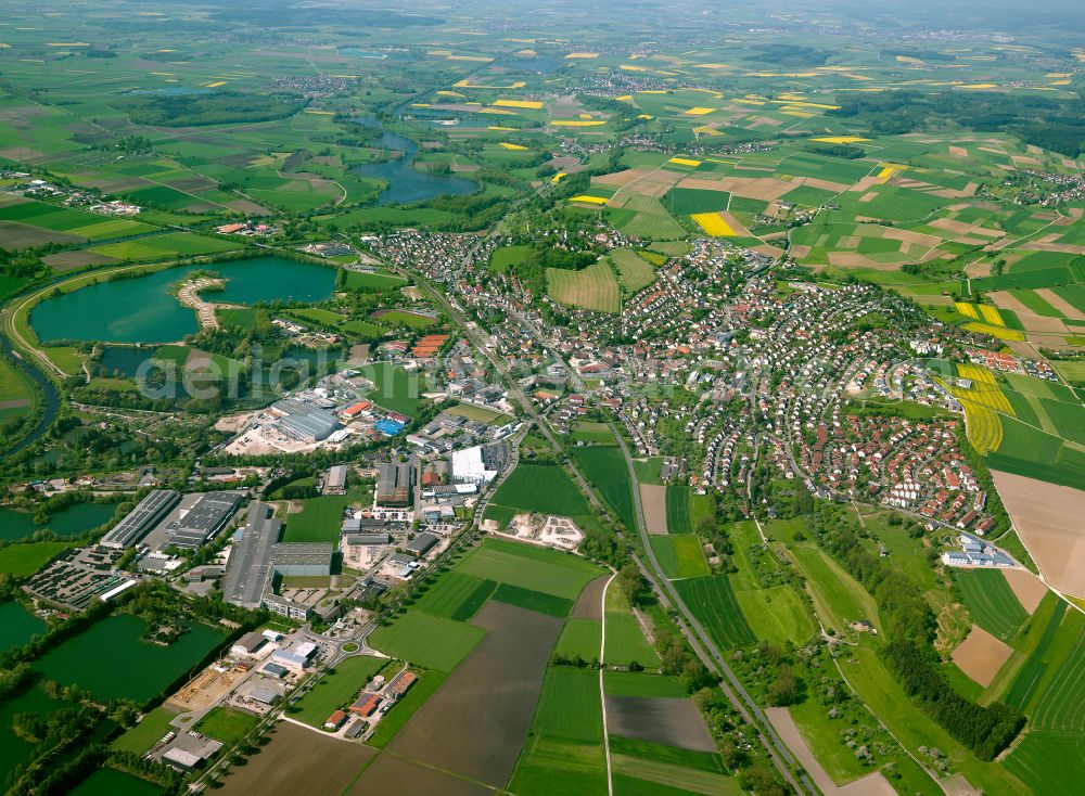 Aerial image Erbach - Urban area with outskirts and inner city area on the edge of agricultural fields and arable land in Erbach in the state Baden-Wuerttemberg, Germany