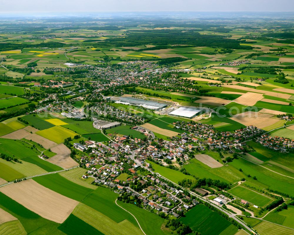 Aerial image Erlenmoos - Urban area with outskirts and inner city area on the edge of agricultural fields and arable land in Erlenmoos in the state Baden-Wuerttemberg, Germany