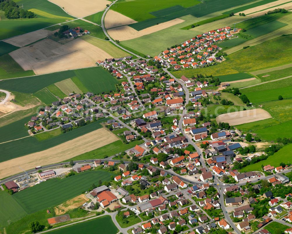 Erlenmoos from above - Urban area with outskirts and inner city area on the edge of agricultural fields and arable land in Erlenmoos in the state Baden-Wuerttemberg, Germany