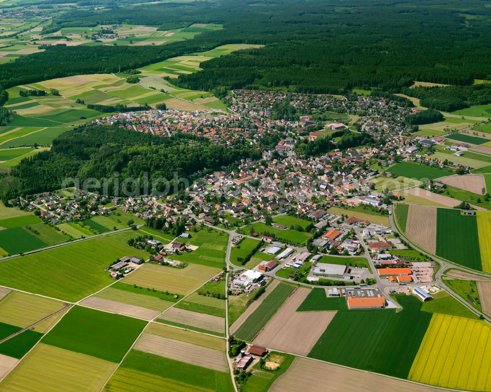 Aerial photograph Erolzheim - Urban area with outskirts and inner city area on the edge of agricultural fields and arable land in Erolzheim in the state Baden-Wuerttemberg, Germany