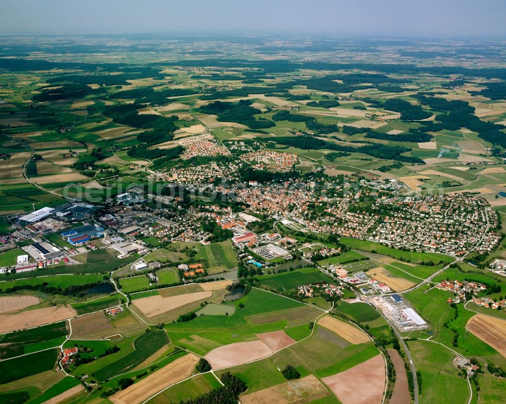 Aerial image Feuchtwangen - Urban area with outskirts and inner city area on the edge of agricultural fields and arable land in Feuchtwangen in the state Bavaria, Germany