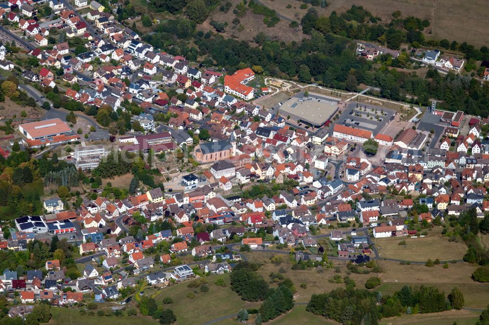 Aerial photograph Frammersbach - Urban area with outskirts and inner city area on the edge of agricultural fields and arable land in Frammersbach in the state Bavaria, Germany