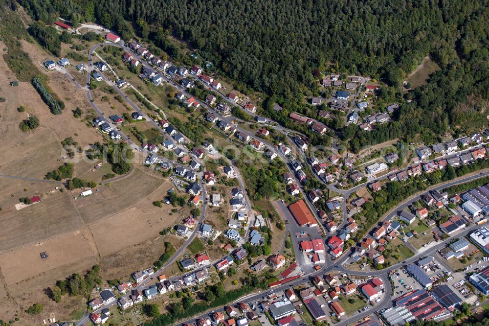 Frammersbach from above - Urban area with outskirts and inner city area on the edge of agricultural fields and arable land in Frammersbach in the state Bavaria, Germany