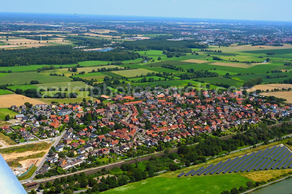 Aerial image Gümmer - Urban area with outskirts and inner city area on the edge of agricultural fields and arable land in Guemmer in the state Lower Saxony, Germany