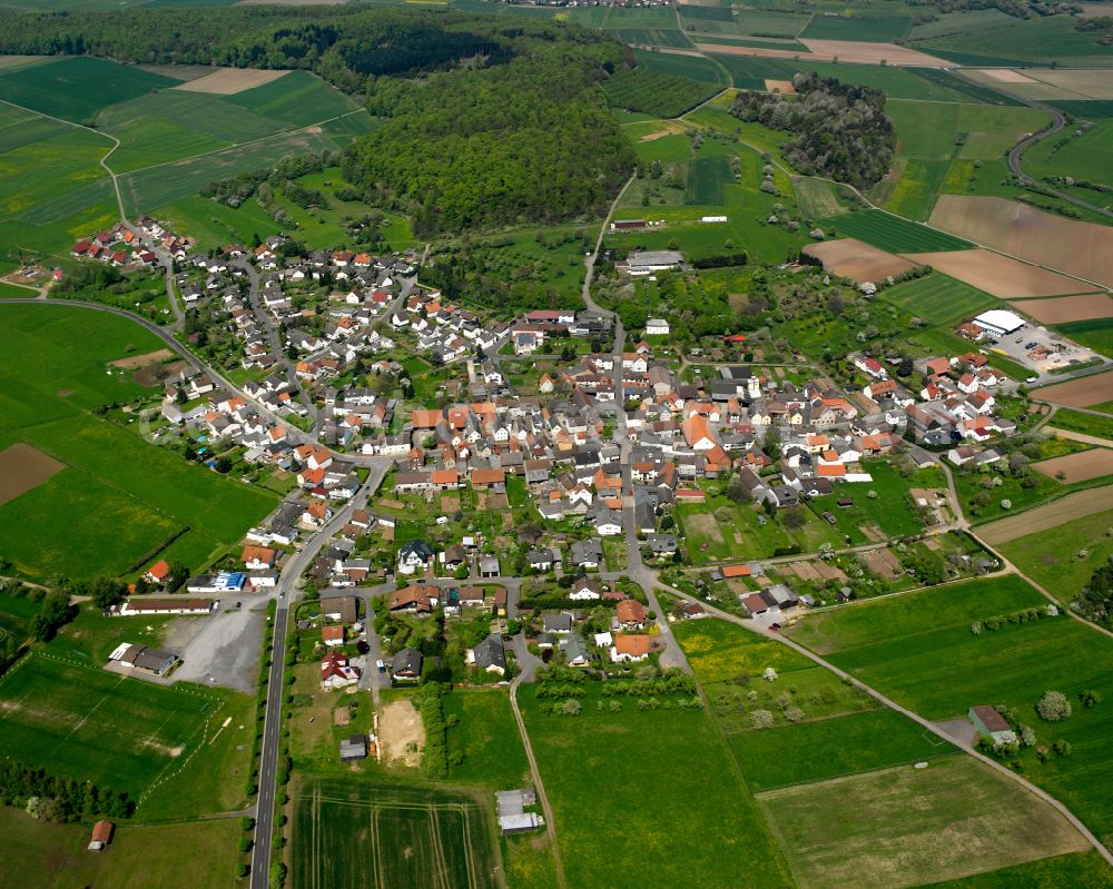 Harbach from the bird's eye view: Urban area with outskirts and inner city area on the edge of agricultural fields and arable land in Harbach in the state Hesse, Germany