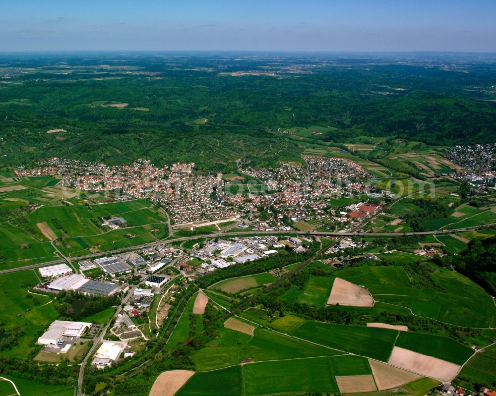 Haubersbronn from the bird's eye view: Urban area with outskirts and inner city area on the edge of agricultural fields and arable land in Haubersbronn in the state Baden-Wuerttemberg, Germany