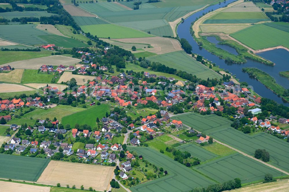 Hessisch Oldendorf from above - Urban area with outskirts and inner city area on the edge of agricultural fields and arable land in Hessisch Oldendorf in the state Lower Saxony, Germany